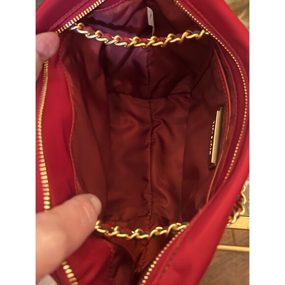 Tory Burch Red Nylon Chain Crossbody Tote With Logo Embossed Patch & Gold Accent - Picture 7 of 11